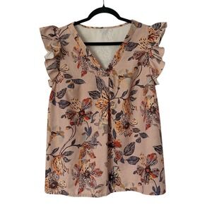 Floral Ruffle Sleeve Womens 1XL Tan/Mauve V-Neck Blouse Boho Feminine